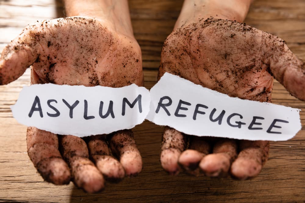 Man's Dirty Hands With Two Pieces Of Paper Showing Refugee And Asylum Words