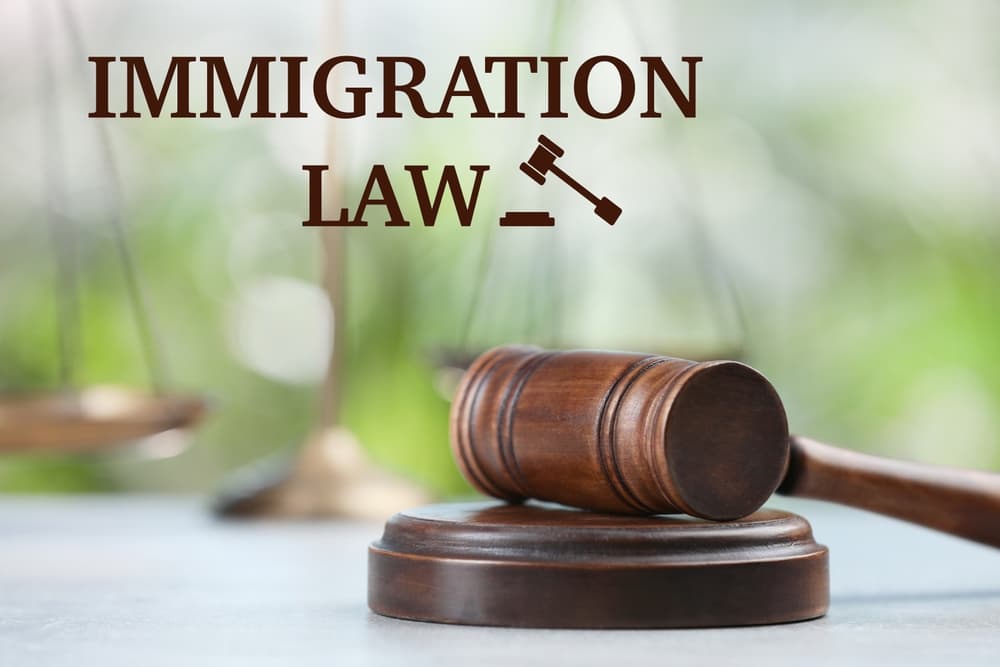 A wooden gavel resting on a grey table, symbolizing immigration law, with a blurred background suggesting a courtroom or legal setting.