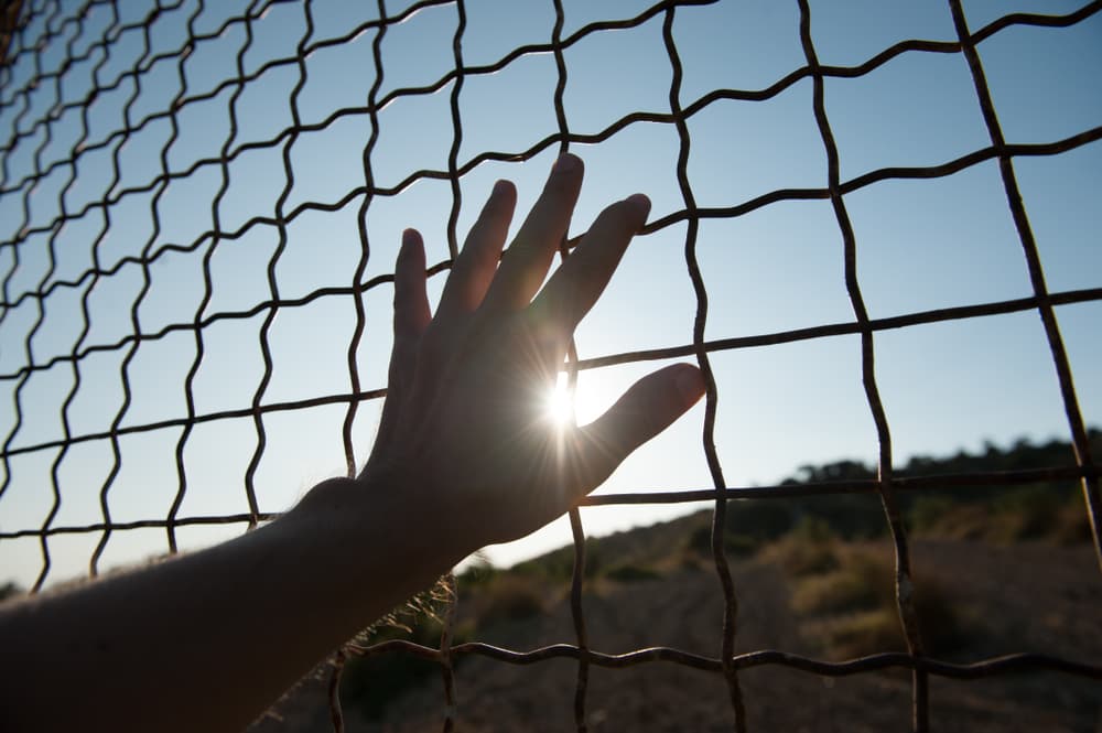 A male hand reaching through a prison cage fence at sunset, symbolizing the struggles of illegal immigration and detention.